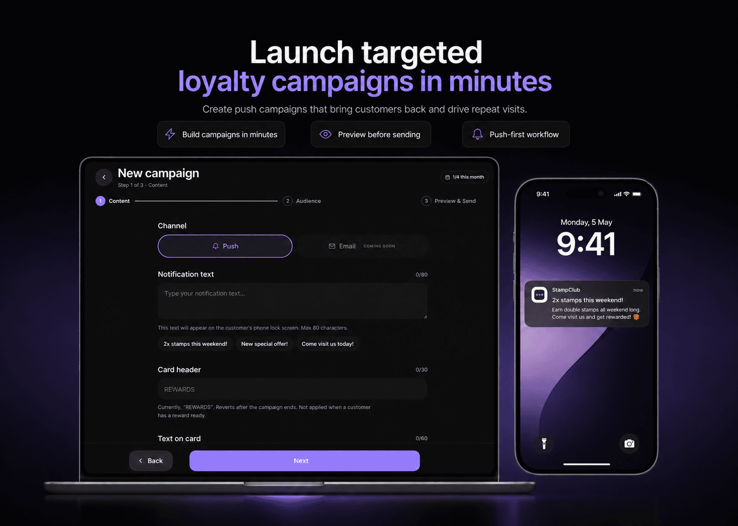 StampClub campaign builder showing push notification and card preview