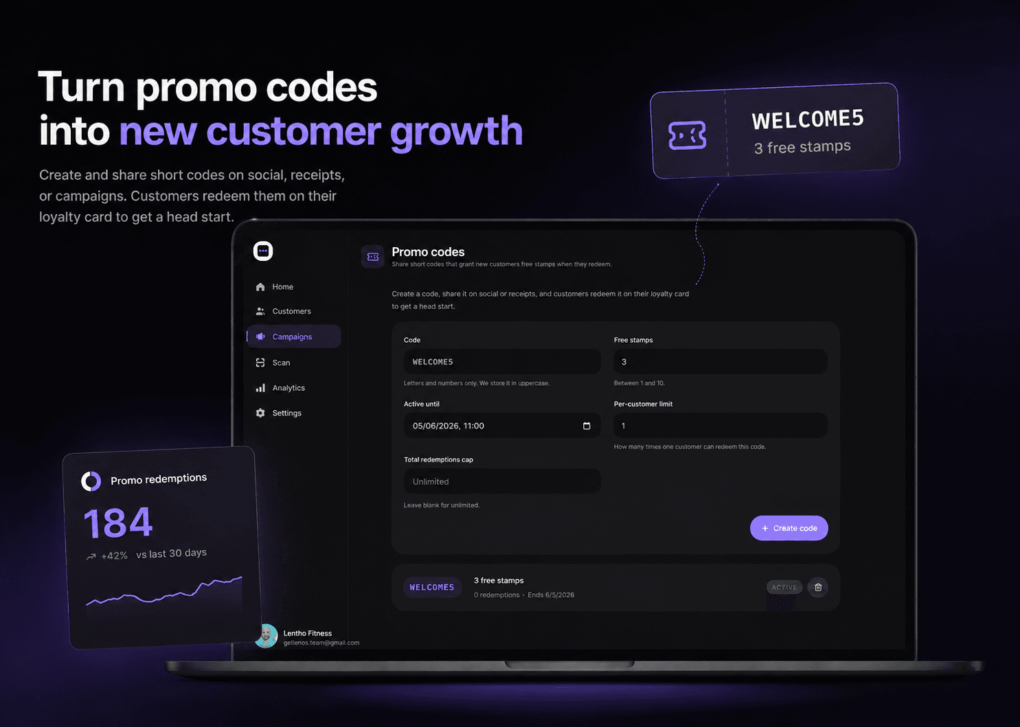 StampClub promo code dashboard with redemption limits and reporting
