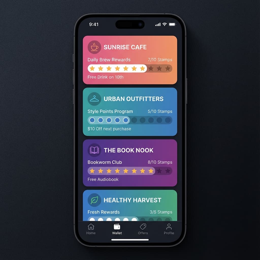 StampClub wallet showing several digital loyalty cards on a phone